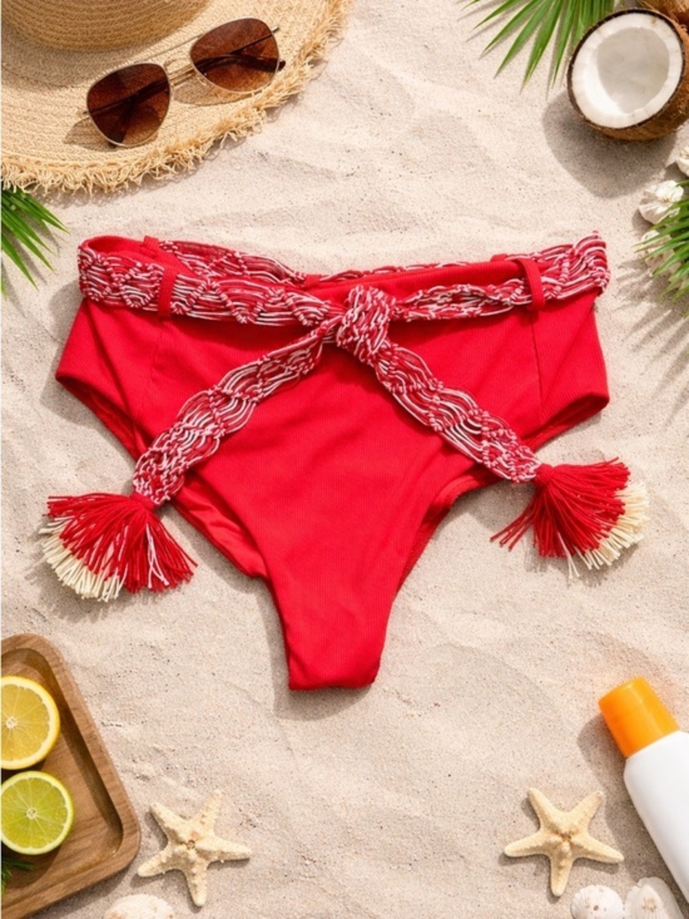 NWT Cosita Linda Red Bikini Bottoms Tassel Tie High Cut Small